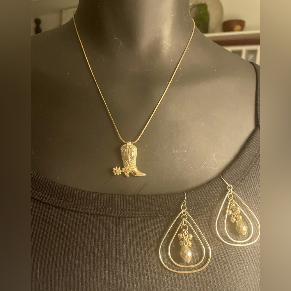 Vintage gold & gold tone Cowboy Boot pendant on gold chain & gold tone earrings